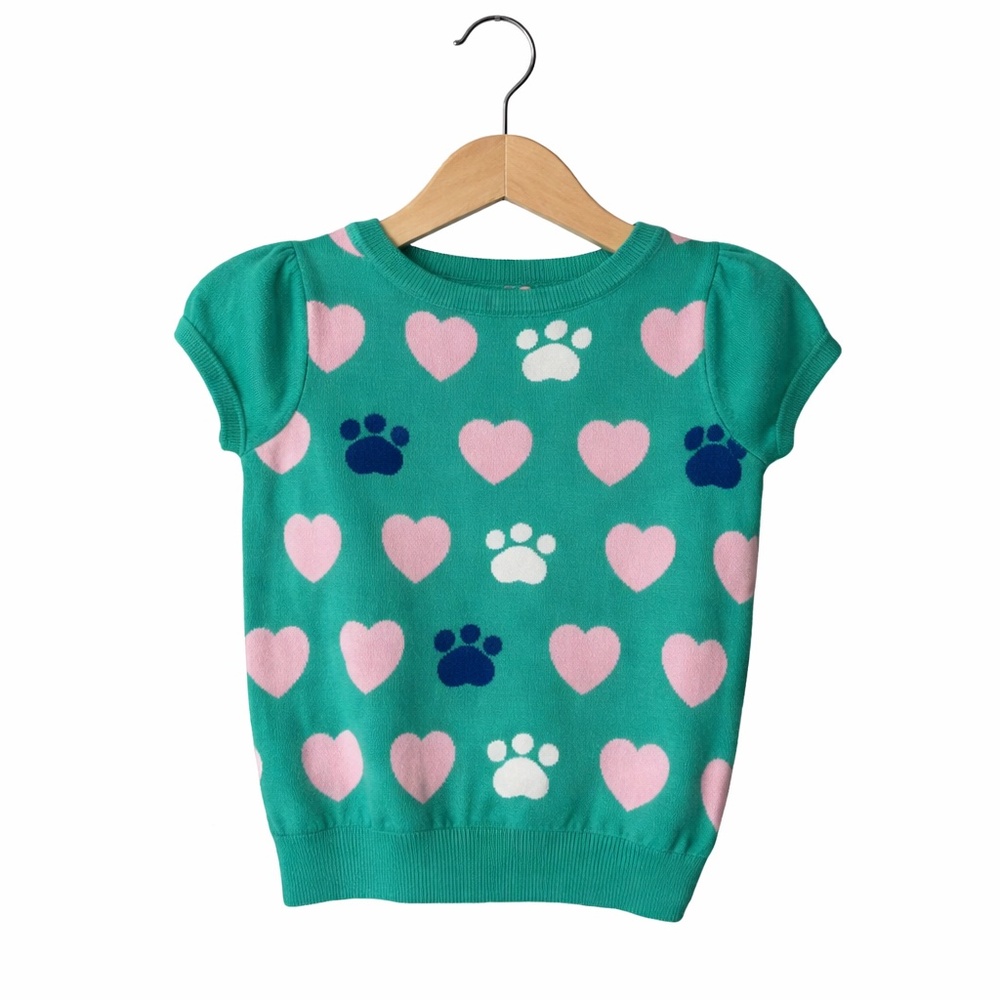 Crazy 8 Girls Heart Paw Print Knit Sweater Top Teal Pink 2T Short Sleeve